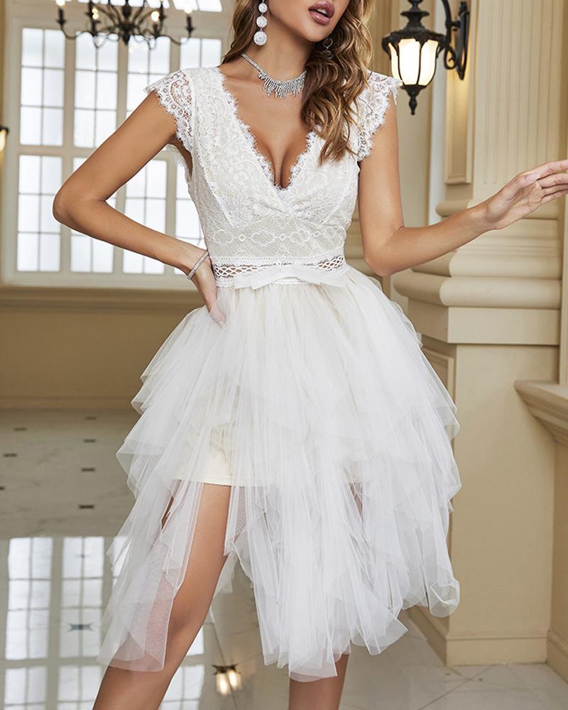 

Backless Eyelash Crochet Lace Sheer Mesh Party Dress, White