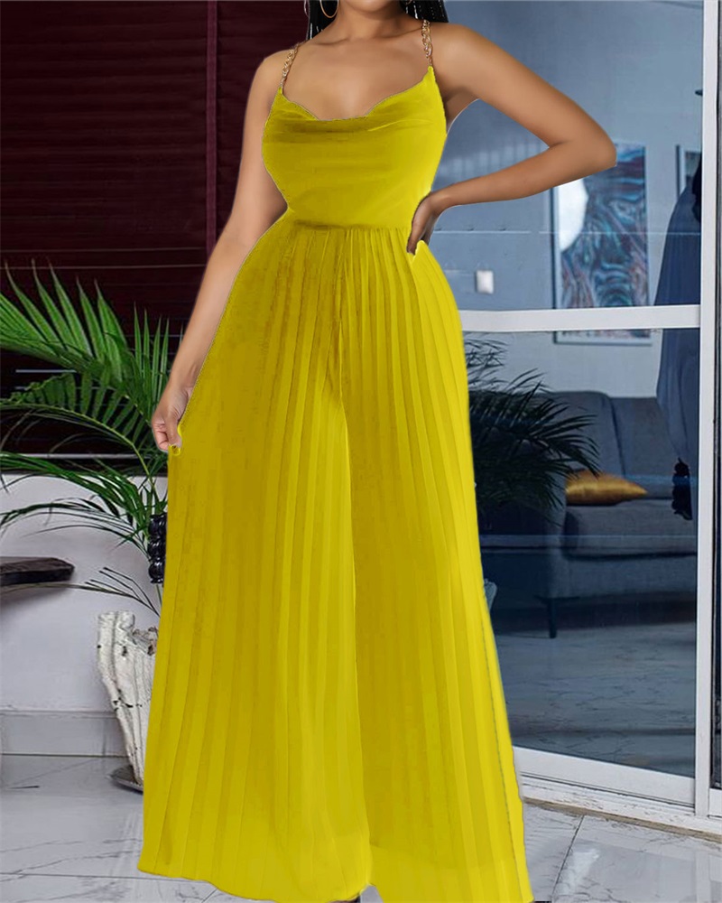 

Chain Decor Crisscross Backless Pleated Wide Leg Jumpsuit, Yellow