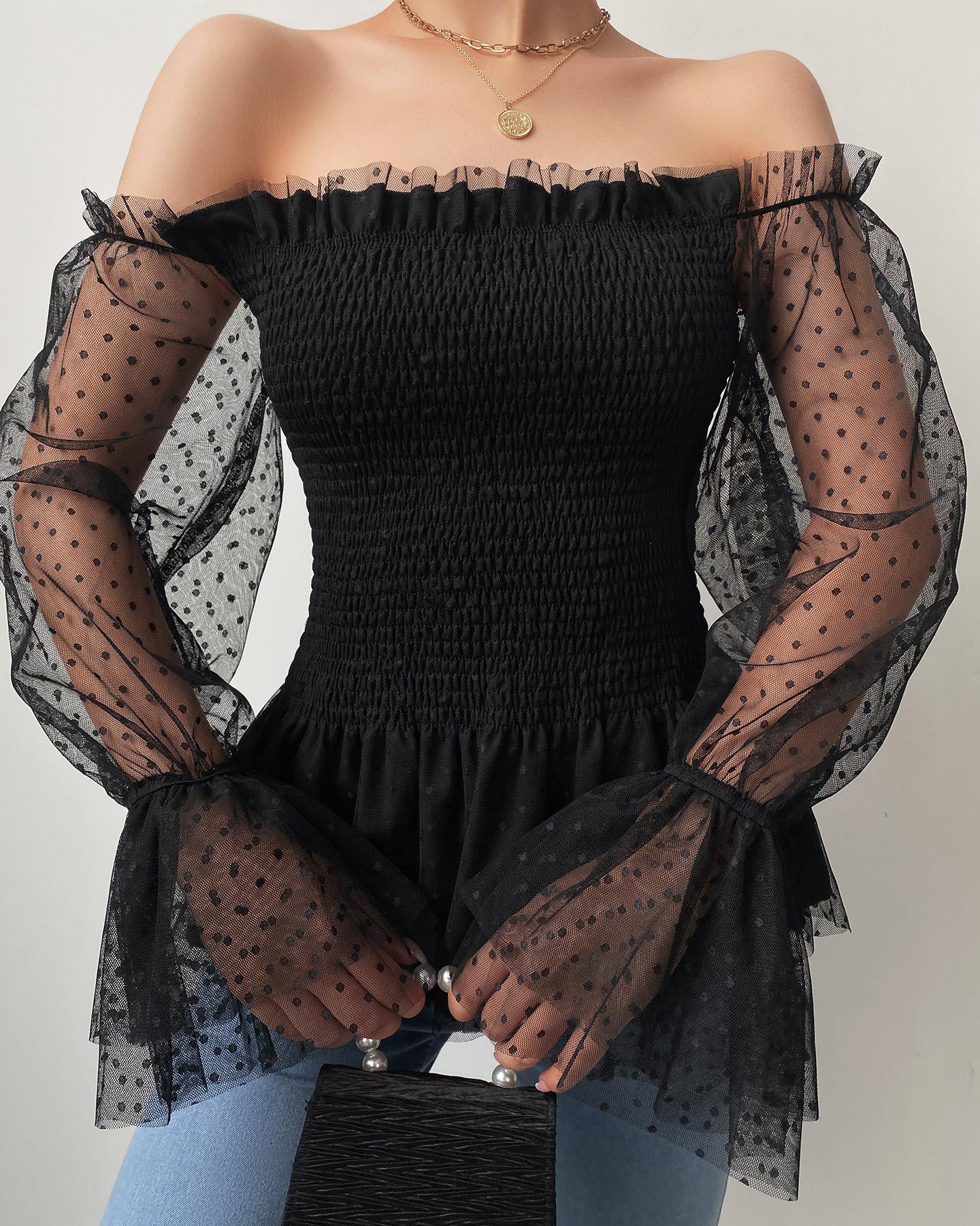 

Off Shoulder Dot Mesh Shirring Top, Black