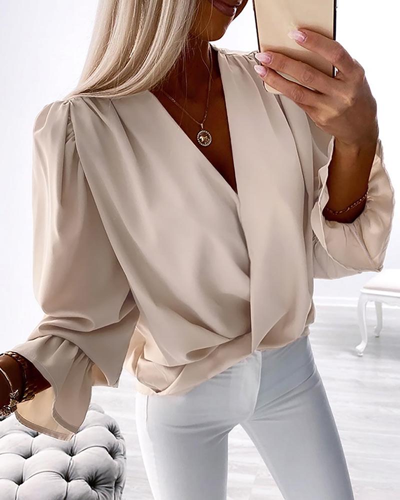 

Lantern Bell Sleeve Overlap Blouse, Apricot