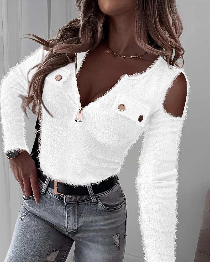 

Cold Shoulder Zipper Design Fuzzy Top, White