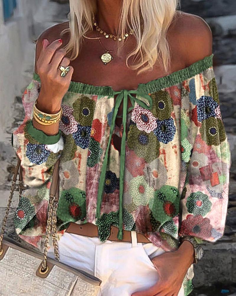

Retro Floral Print Off Shoulder Frill Hem Top, Multicolor