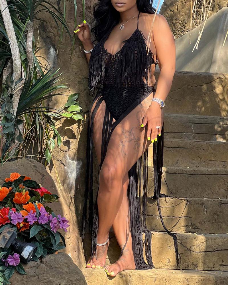

Tassel Design Halter Backless Crochet Cover Up, Black