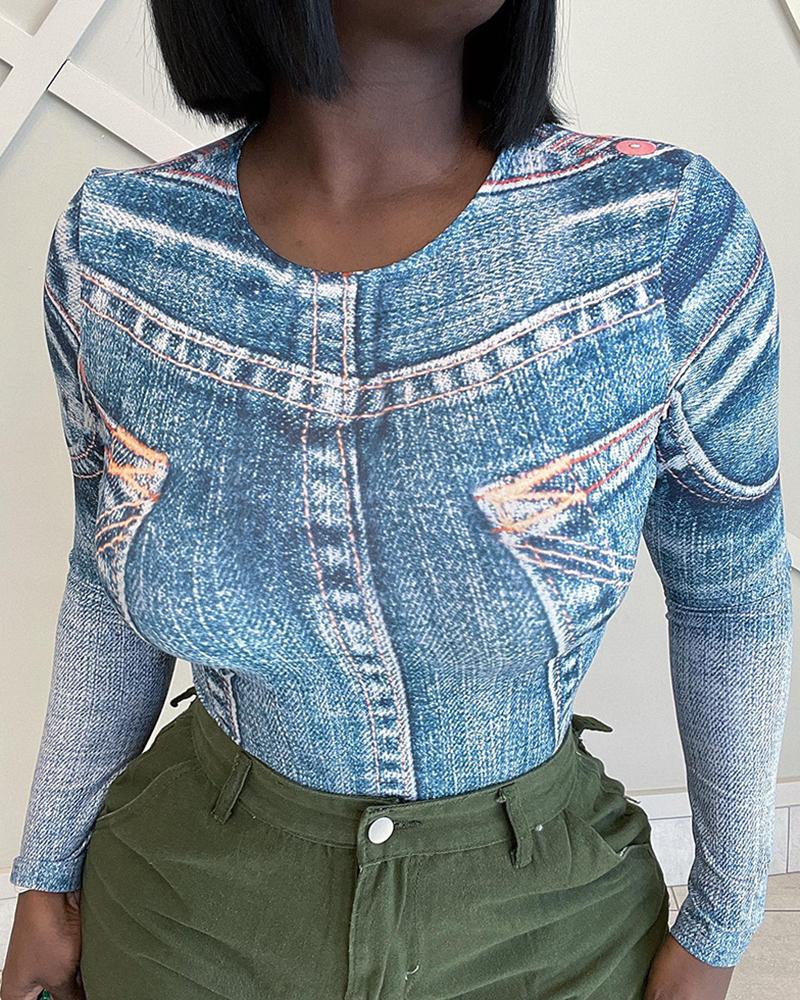 

Denim Look Print Long Sleeve Top, Blue