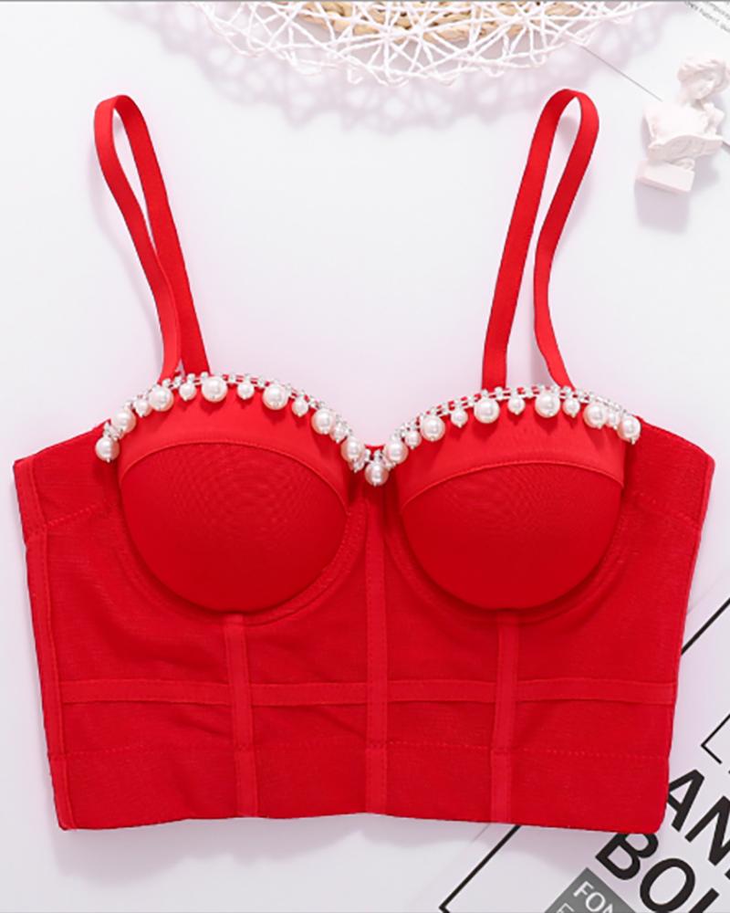 

Beaded Sleeveless V Neck Corset Crop Top, Red