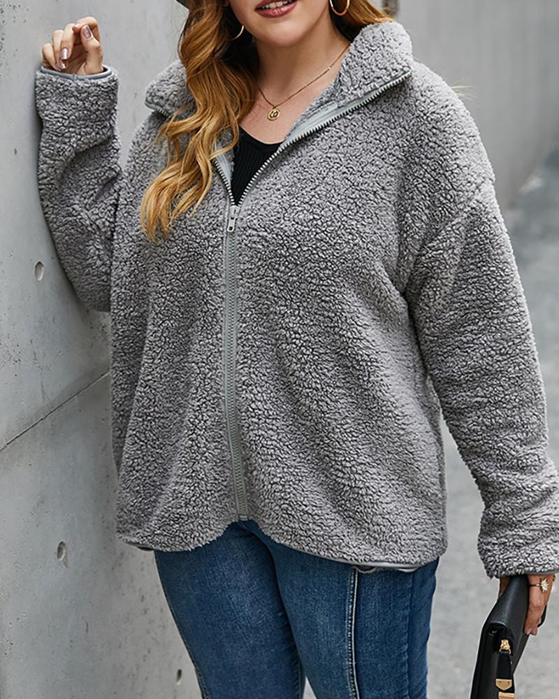 

Plus Size Long Sleeve Zip Teddy Hooded Coat, Gray
