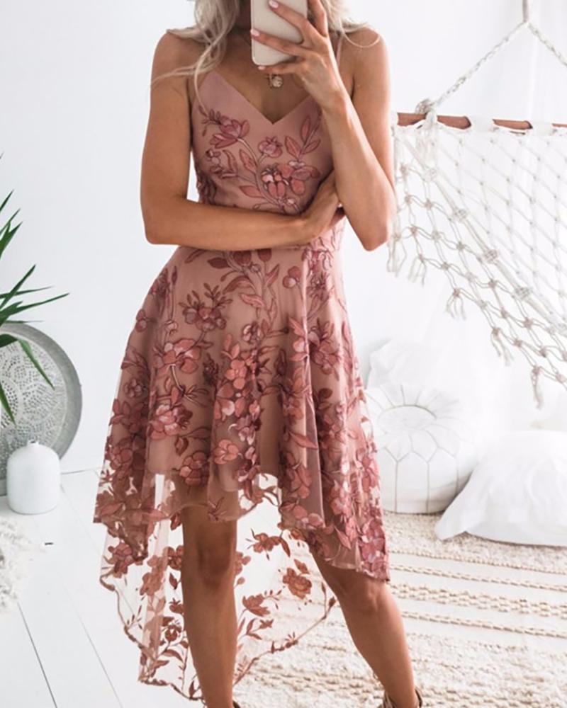 

Spaghetti Strap Lace Embroidery Dip Hem Dress, Pink