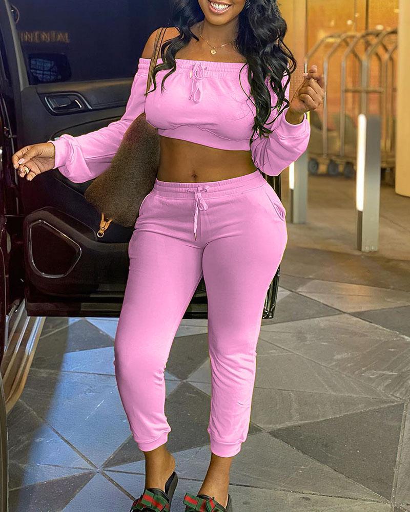 

Solid Off Shoulder Crop Top & Drawstring Pants Set, Pink