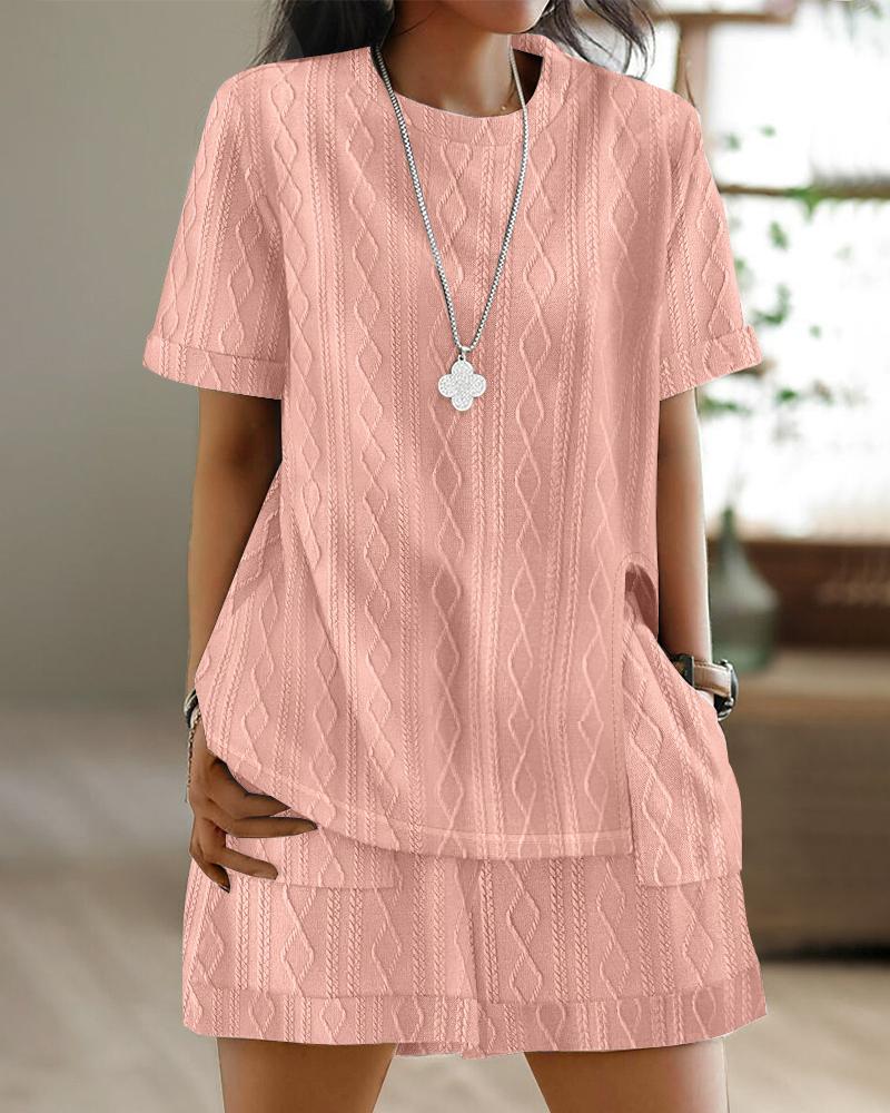 

Cable Textured Slit Top & Pocket Design Shorts Set, Pink