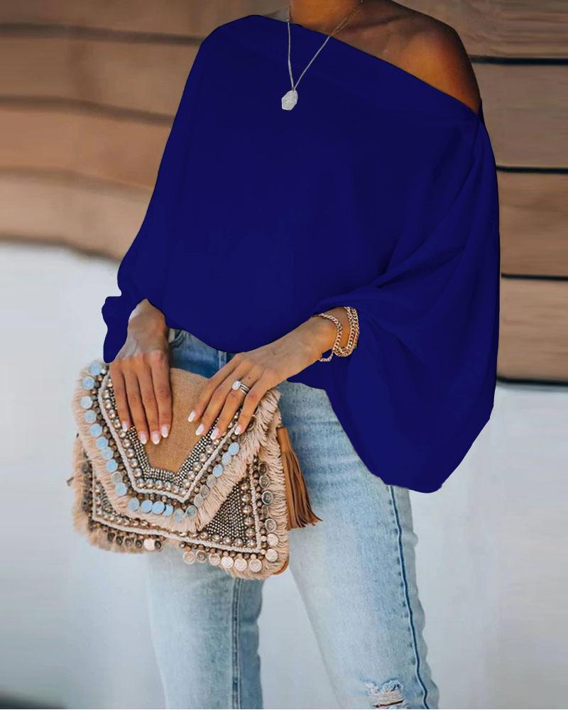 

Lantern Sleeve Skew Neck Top, Blue