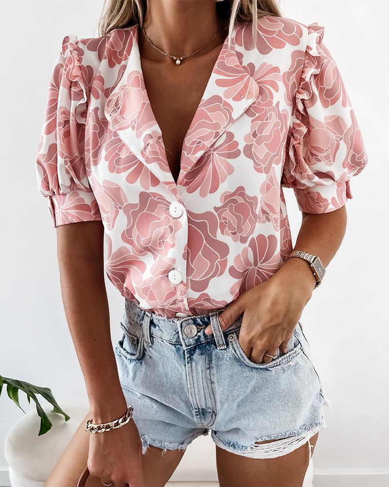 

Floral Print Button Front Puff Sleeve Blouse, Pink