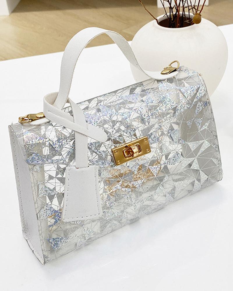

Floral Embroidery Twist Lock Satchel Bag, White