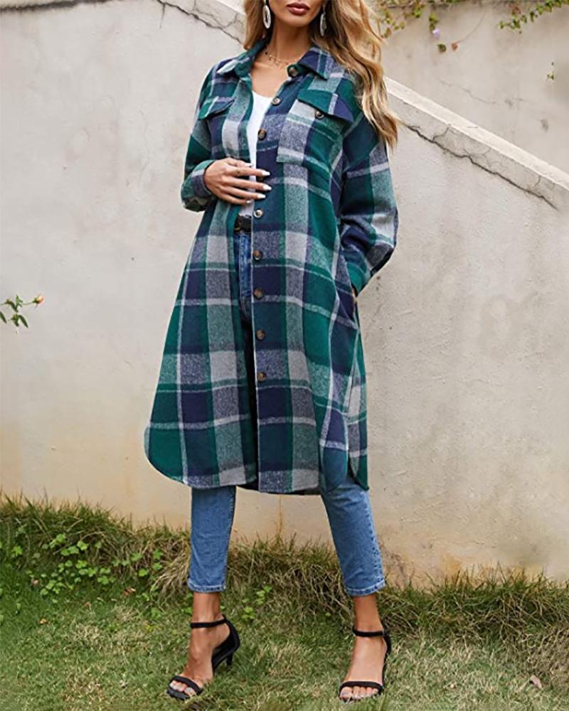 

Lantern Sleeve Plaid Print Longline Shacket, Green