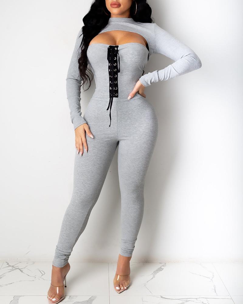 

Eyelet Lace-up Cutout Front Jumpsuit & Asymmetrical Top Set, Dark grey