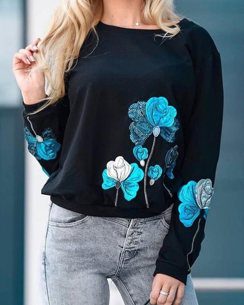 

Floral Print Long Sleeve Sweatshirt, Black