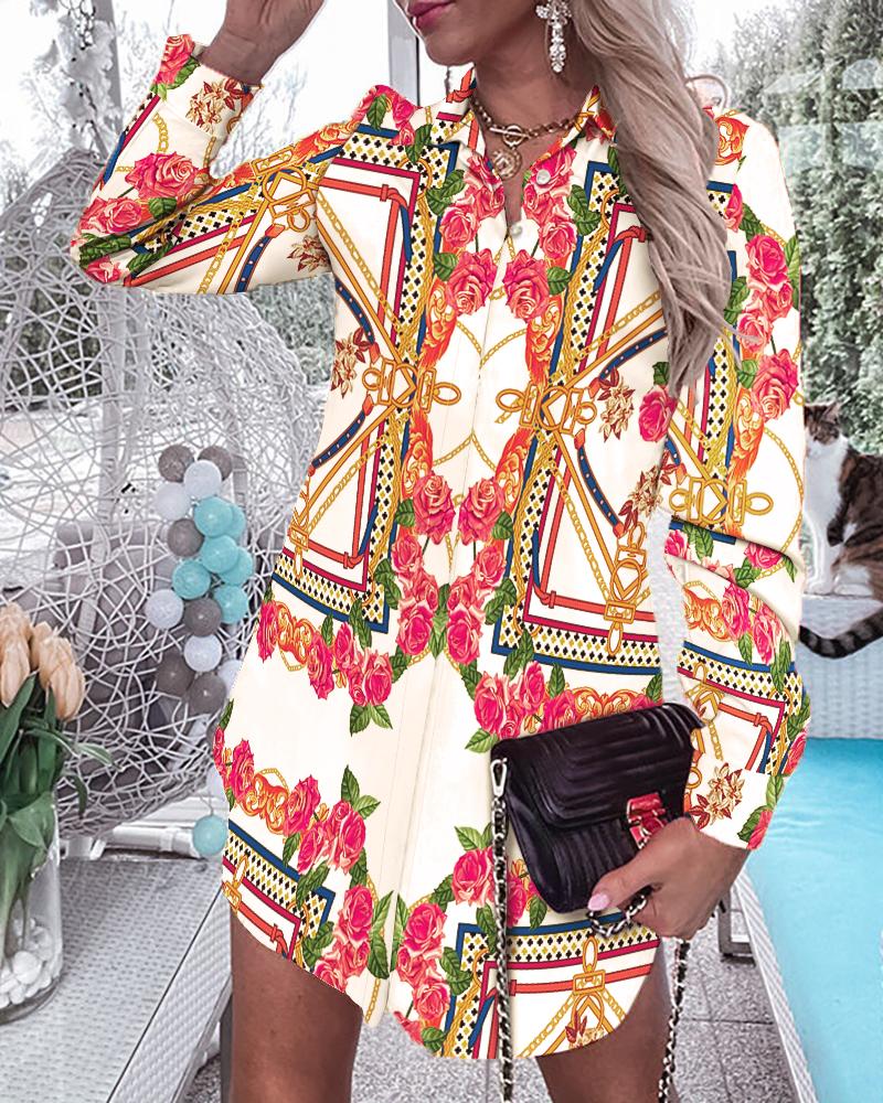 

Floral Print Colorblock Longline Shirt Dress, Multicolor