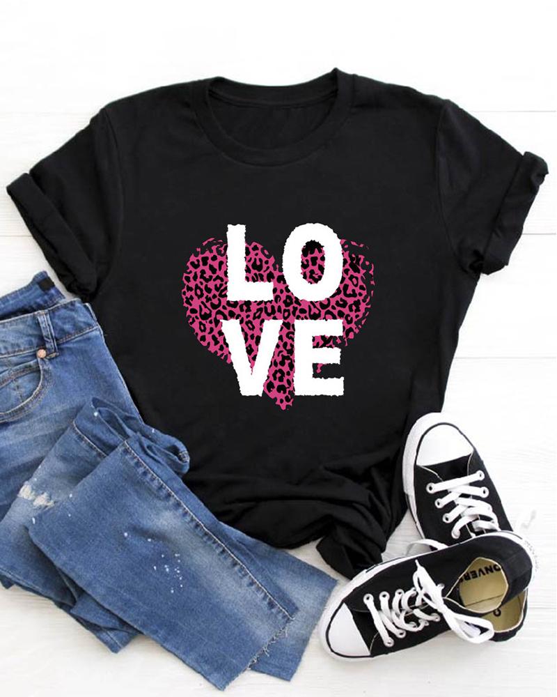 

Valentine' Day Cheetah Heart Letter Print Short Sleeve T-shirt, Style3