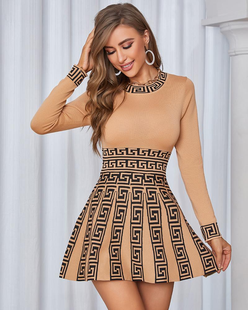 Geometric Print Long Sleeve Work Dress