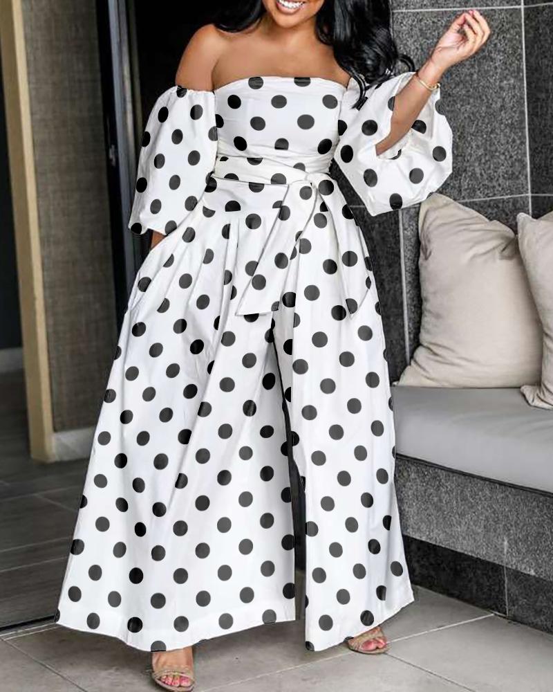 

Off Shoulder Polka Dot Lantern Sleeve Wide Leg Jumpsuit, White