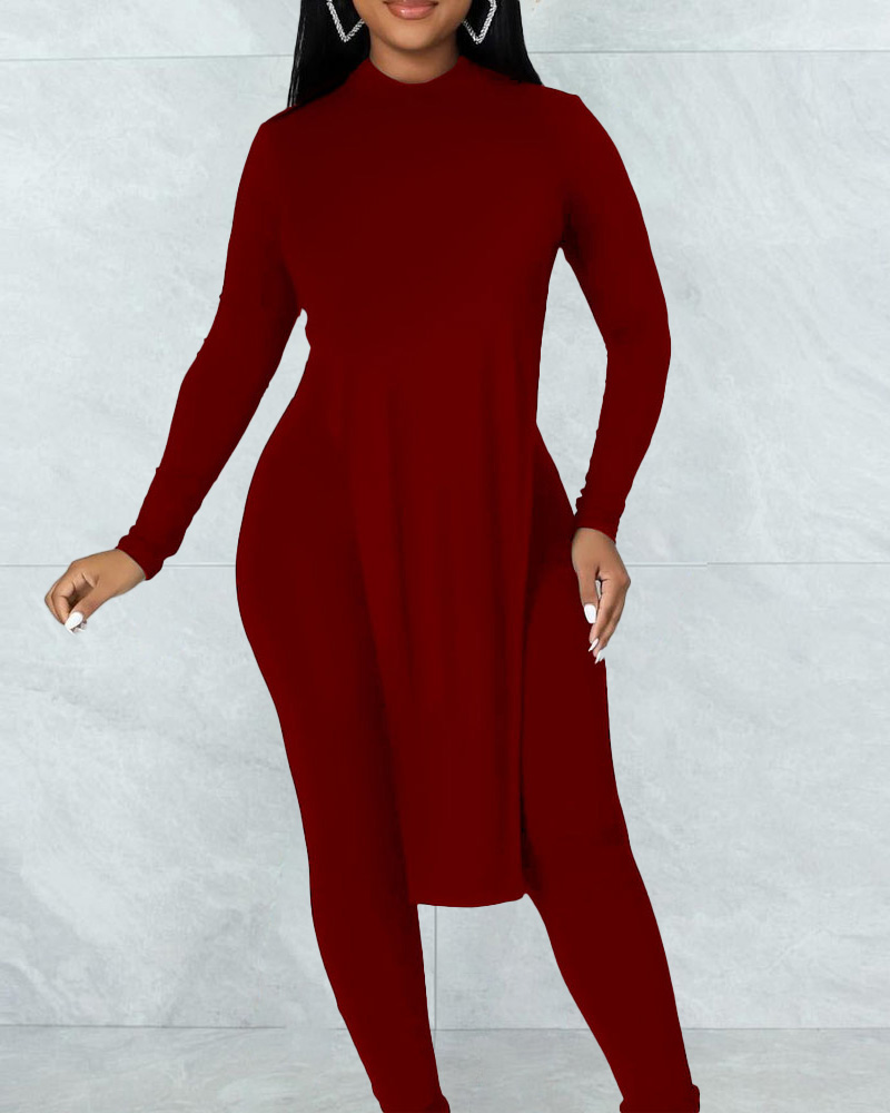 

Chain Decor Backless Asymmetrical Top & Pants Set, Wine red