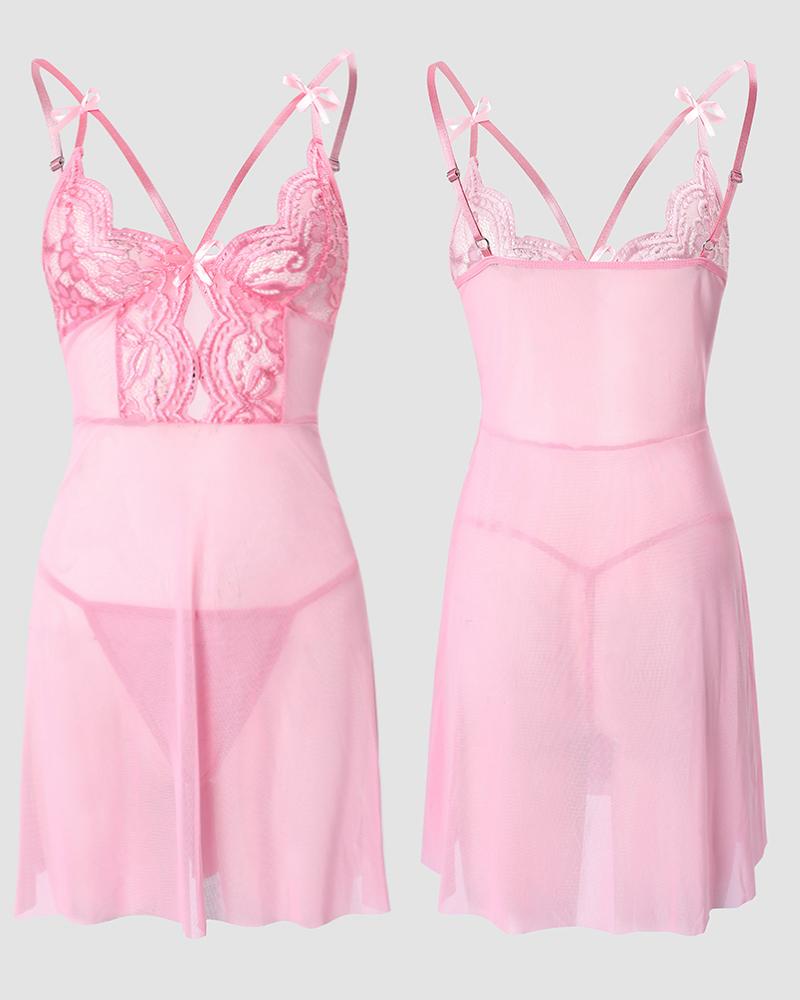

Bowknot Decor Contrast Lace Sheer Mesh Babydoll, Pink
