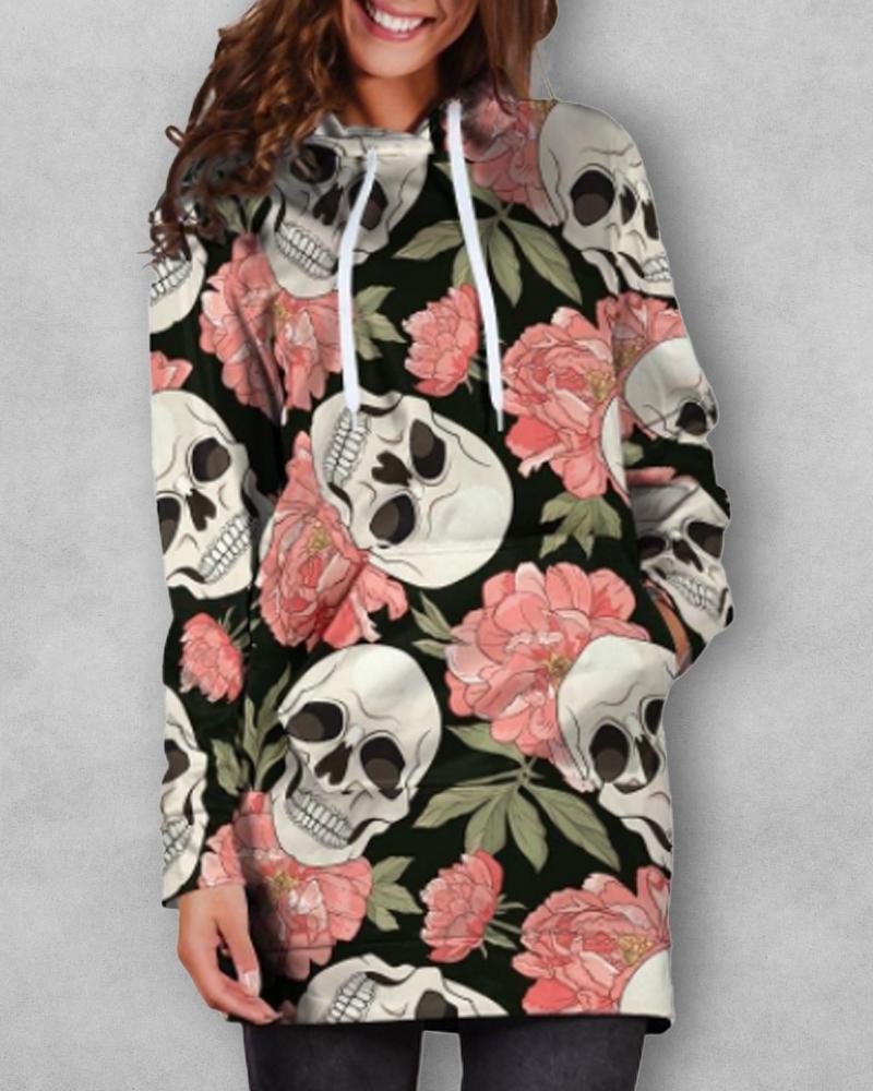 

Halloween Skull Floral Print Drawstring Hooded Sweatshirt, Pink