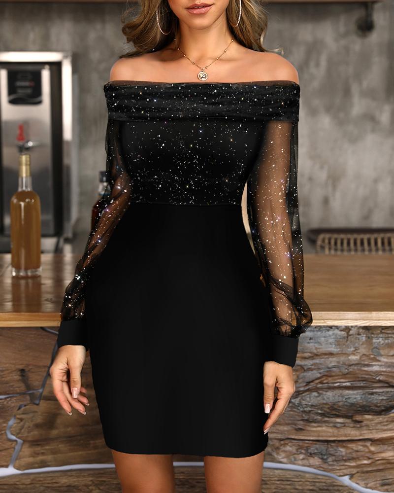 

Off Shoulder Glitter Sheer Mesh Party Dress, Black