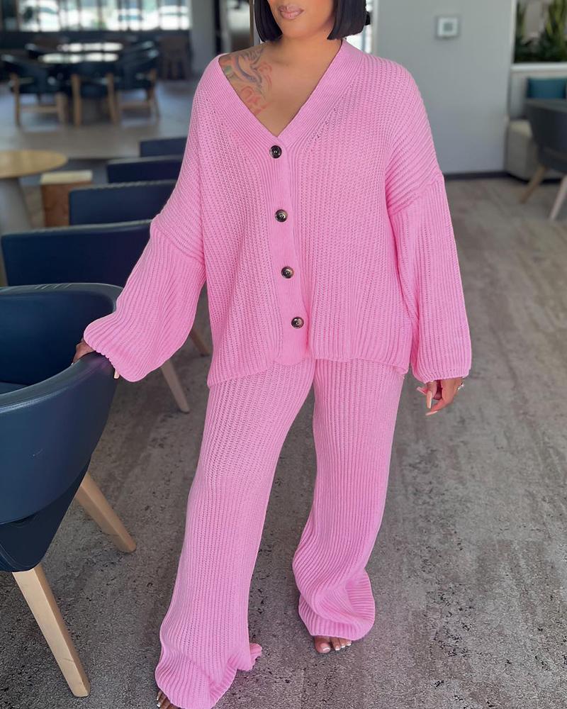 

V-Neck Buttoned Knit Casual Cardigan & Pants Set, Pink