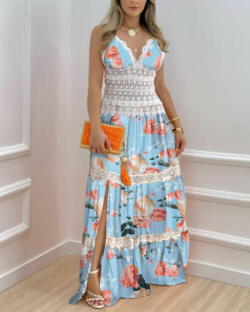 

Floral Print Contrast Lace Split Hem Maxi Dress, Blue