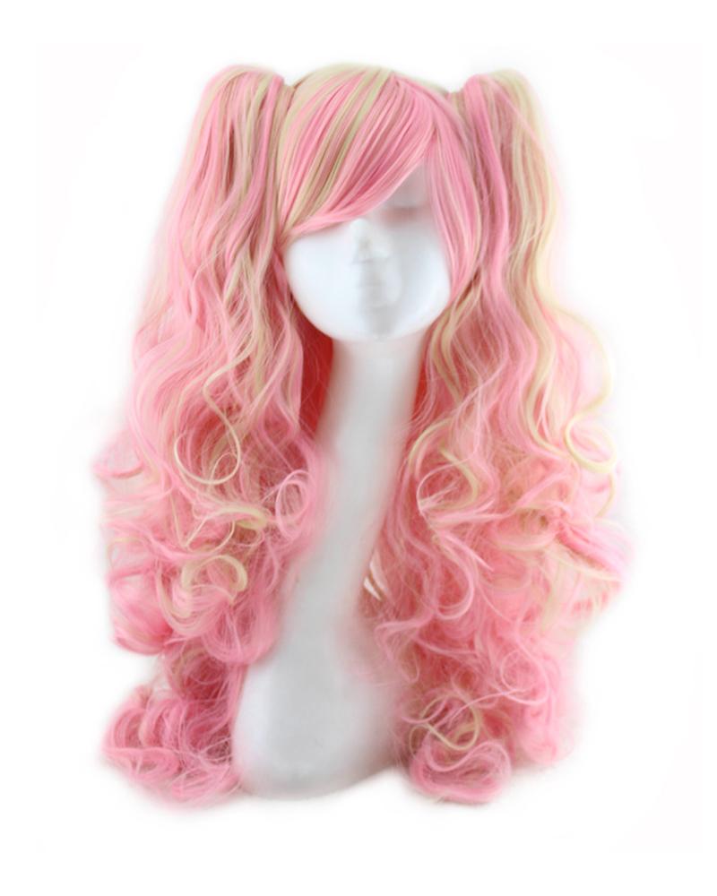 

Natural Looking Long Curly Hair Wig Two Tone Lolita Synthetic Wigs With Bangs Halloween Party Cosplay Wigs, Pink