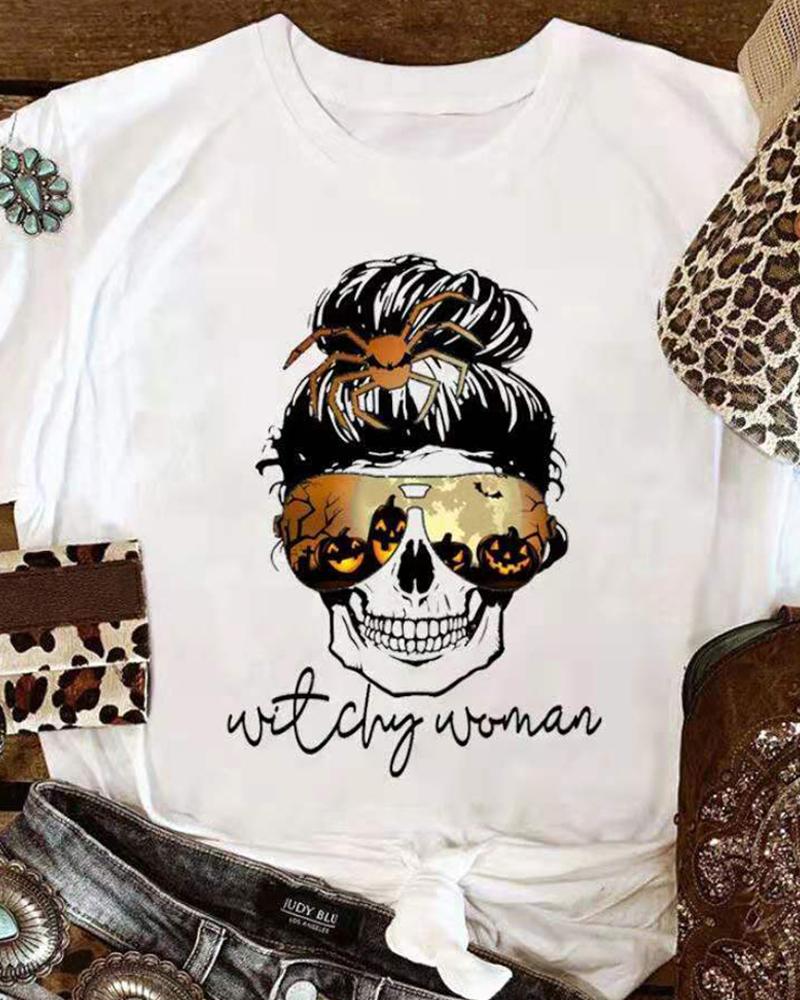 

Skull Letter Print Round Neck Cotton Basic Top, White