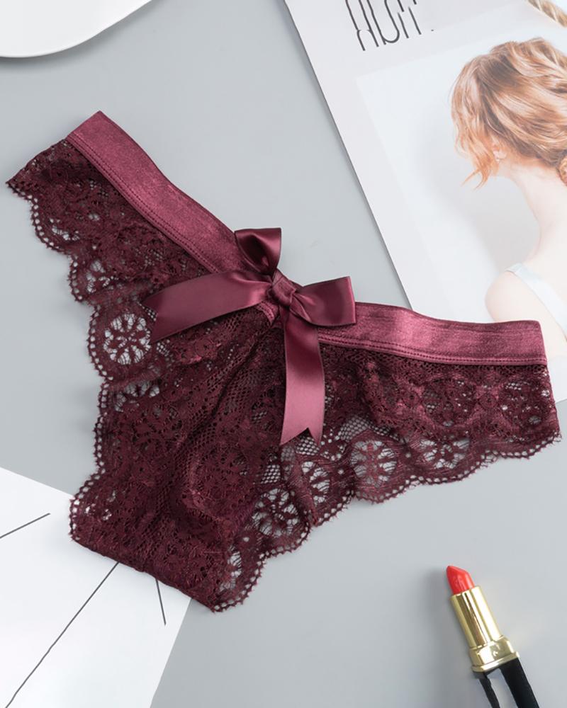 

Bowknot Decor Crochet Lace Thong Panty, Wine red