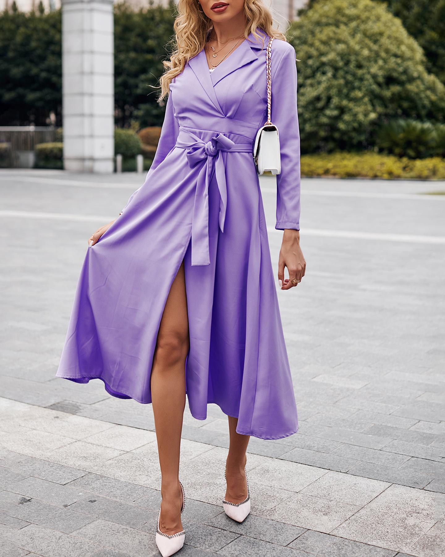 

Long Sleeve Tied Detail Flared Dress, Purple