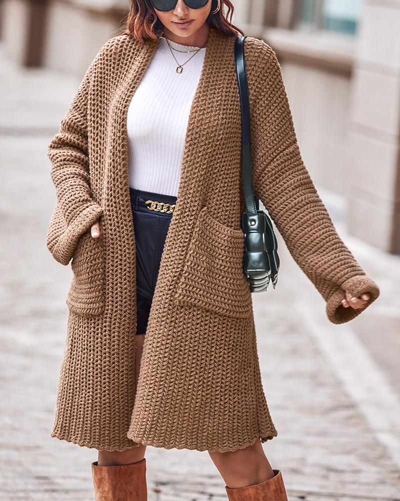 

Pocket Design Long Sleeve Cardigan, Khaki