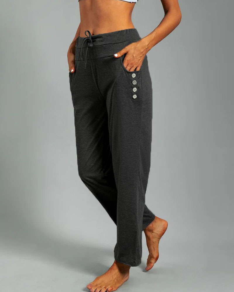 

Button Decor Drawstring Waist Casual Pants, Black