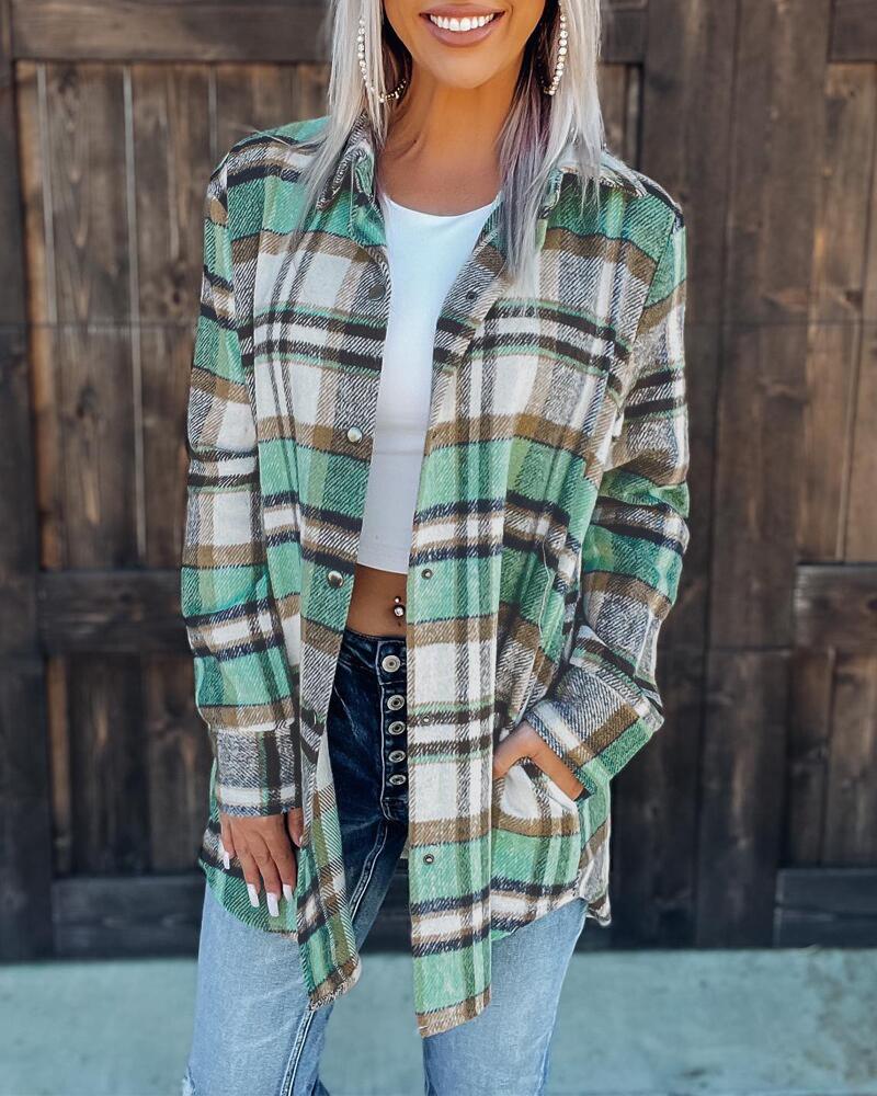 

Plaid Print Long Sleeve Button Down Shirt, Green