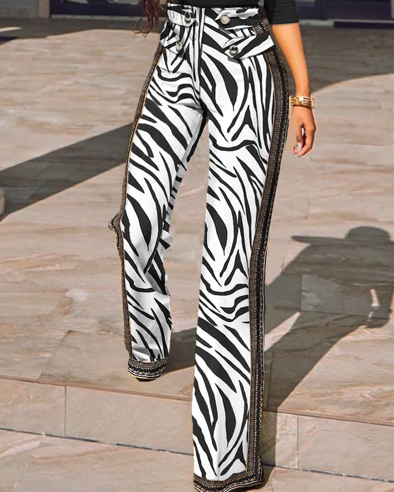 

Zebra Print Colorblock Buttoned High Waist Straight Leg Tailored Pants, Black&white