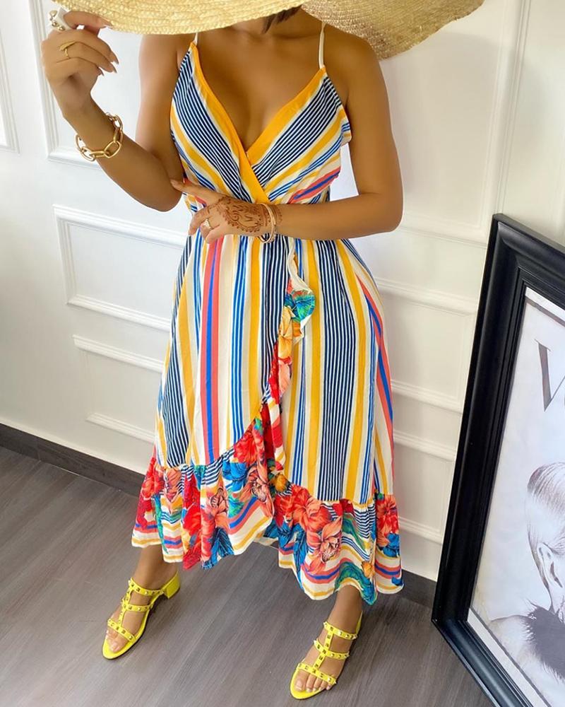 

Striped Spaghetti Strap Ruffle Hem Maxi Dress, Multicolor