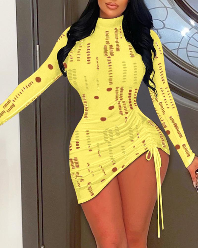 

Drawstring Ruched Hollow Out Bodycon Dress, Yellow