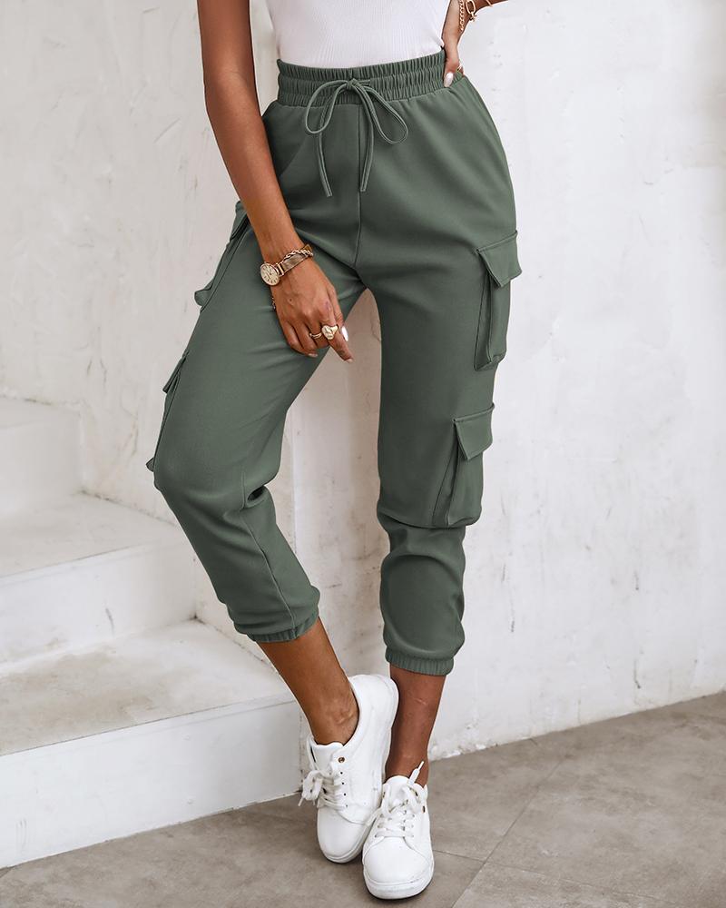 

Pocket Design Cuffed Cargo Pants, Army green