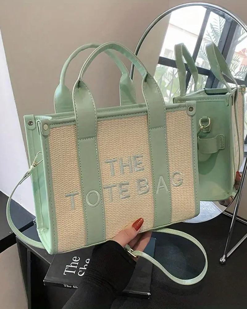 

Letter Embroidery Versatile All-Match Straw Tote Bag, Light green