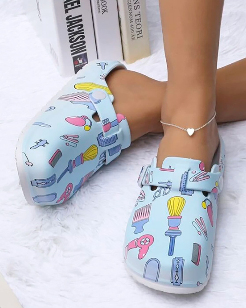 

Cartoon Pattern Closed Toe Casual Clogs, Blue