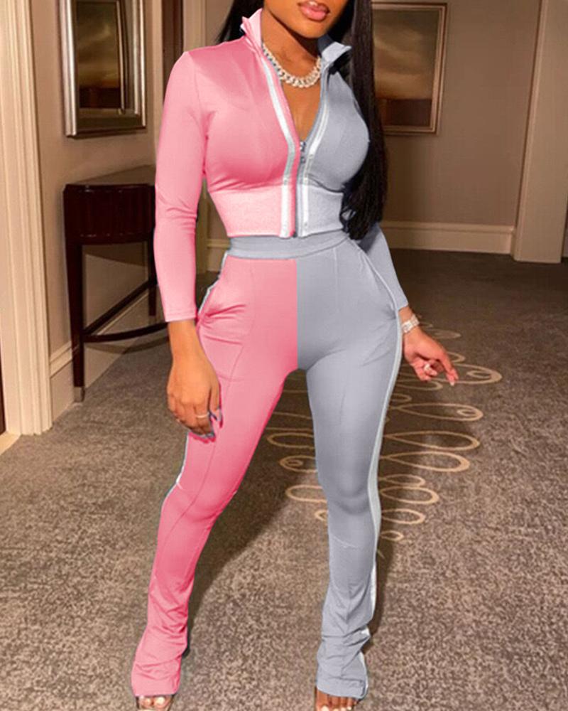 

Colorblock Long Sleeve Suit Sets, Pink