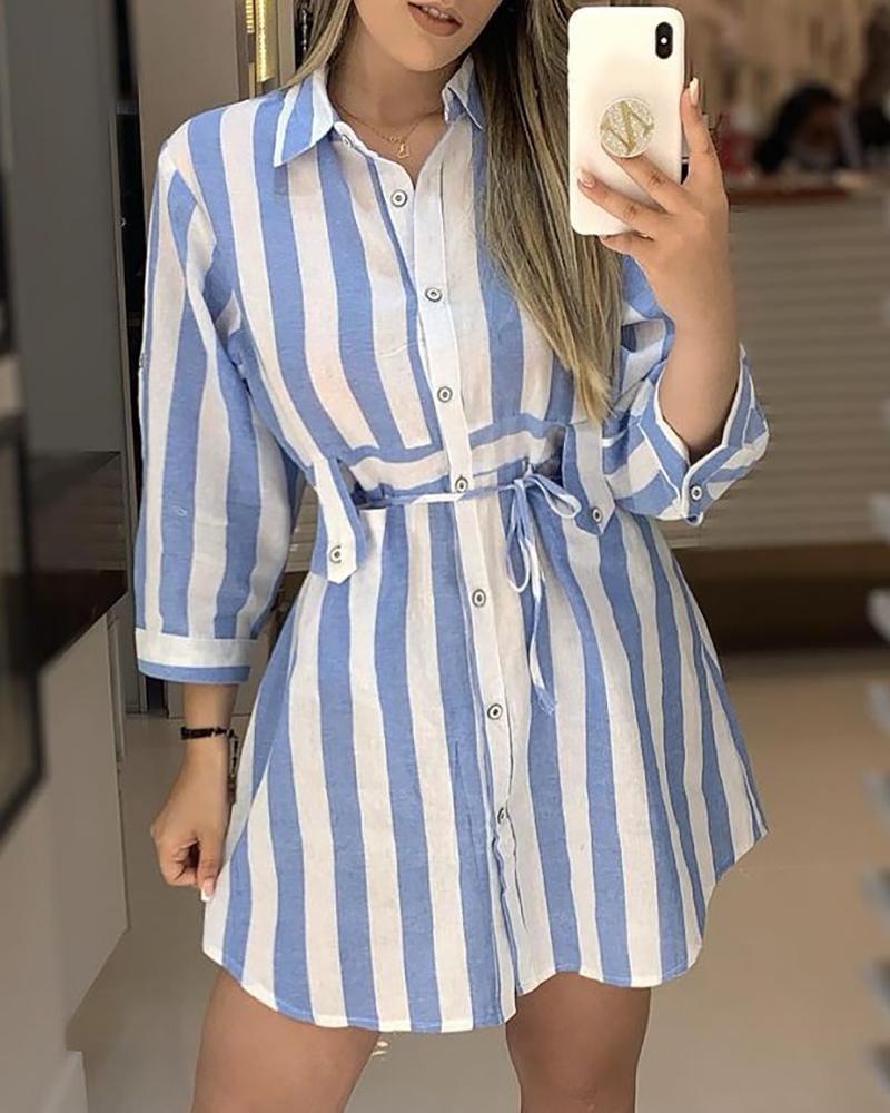 

Striped Button Front Long Sleeve Shirt Dress, Blue