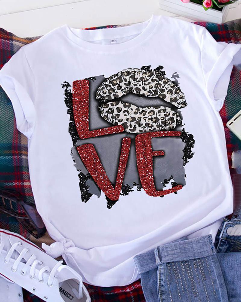 

Leopard Lip Print Short Sleeve Casual T-shirt, White