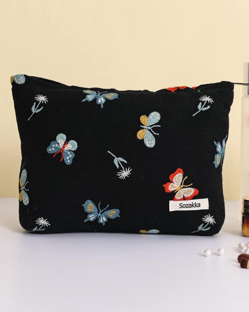 

Butterfly Embroidery Zipper Cosmetic Toiletry Bag Storage Large Capacity Handbag, Black