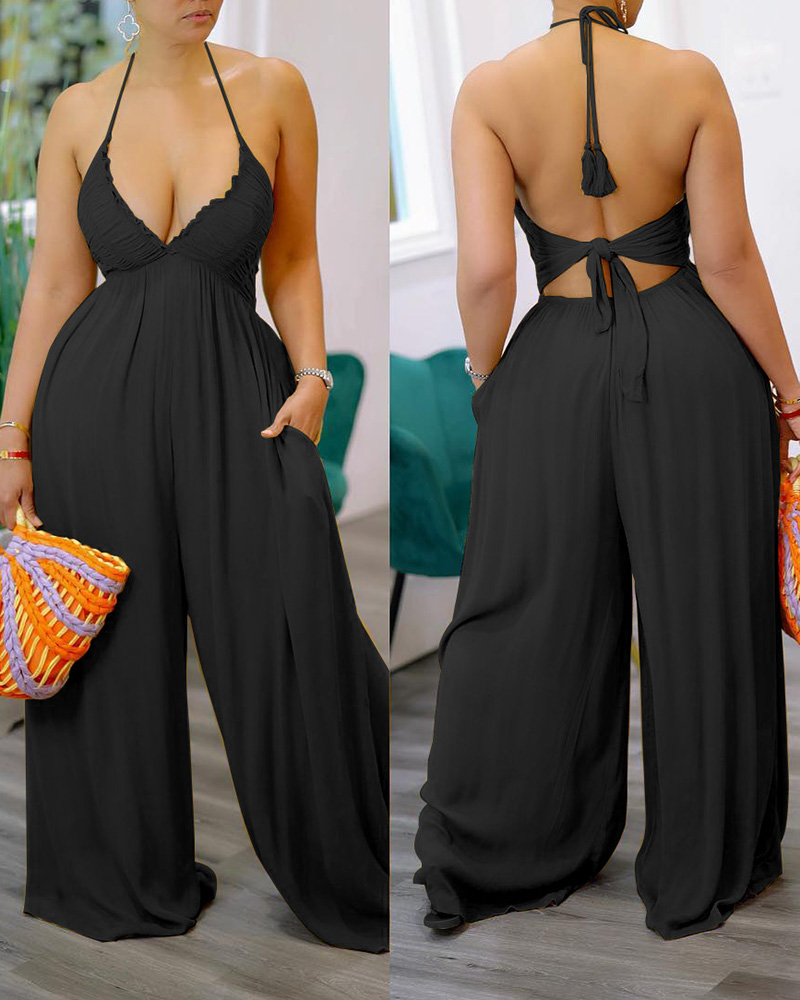 

Halter Backless Ruched Detail Wide Leg Jumpsuit, Black