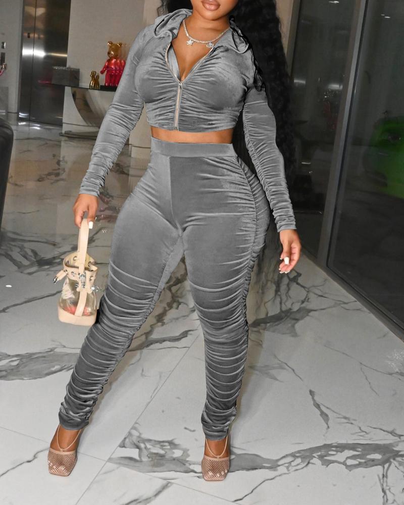 

Velvet Ruched Hooded Zip Up Crop Top & High Waist Pants Set, Gray