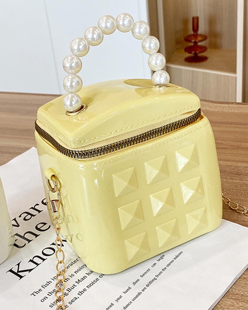 

Pearls Top Handle Square Bucket Handbag Crossbody Bag, Yellow