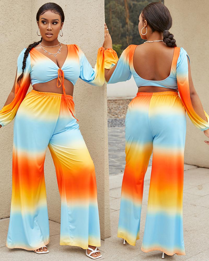 

Slit Sleeve Ombre Crop Top & Wide Leg Pants Set, Multicolor